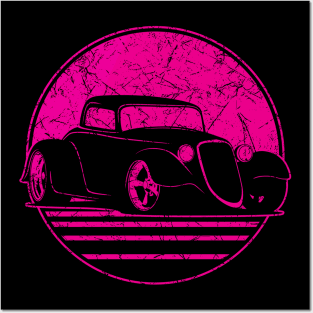 Retro Hot Pink Hot Rod Grungy Sunset Illustration Posters and Art
